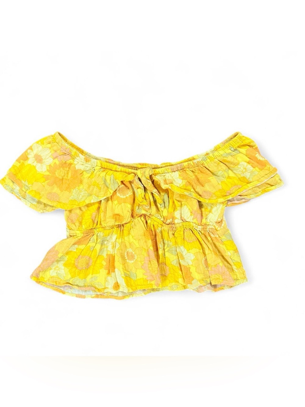 American Eagle Yellow Orange Floral Off Shoulder Ruffle Top Cottagecore Size S